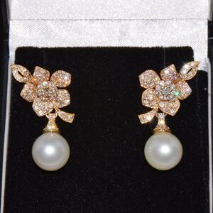 CERTIFIED NATURAL SOLID 18K GOLD 21.5CTS DIAMOND SOUTH SEA PEARL 3-IN-1 EARRINGS